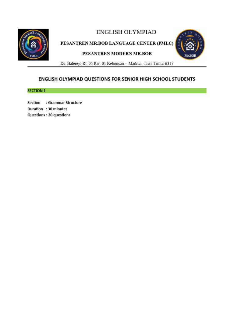 Senior High English Olympiad Questions | PDF | Shyness | Communication