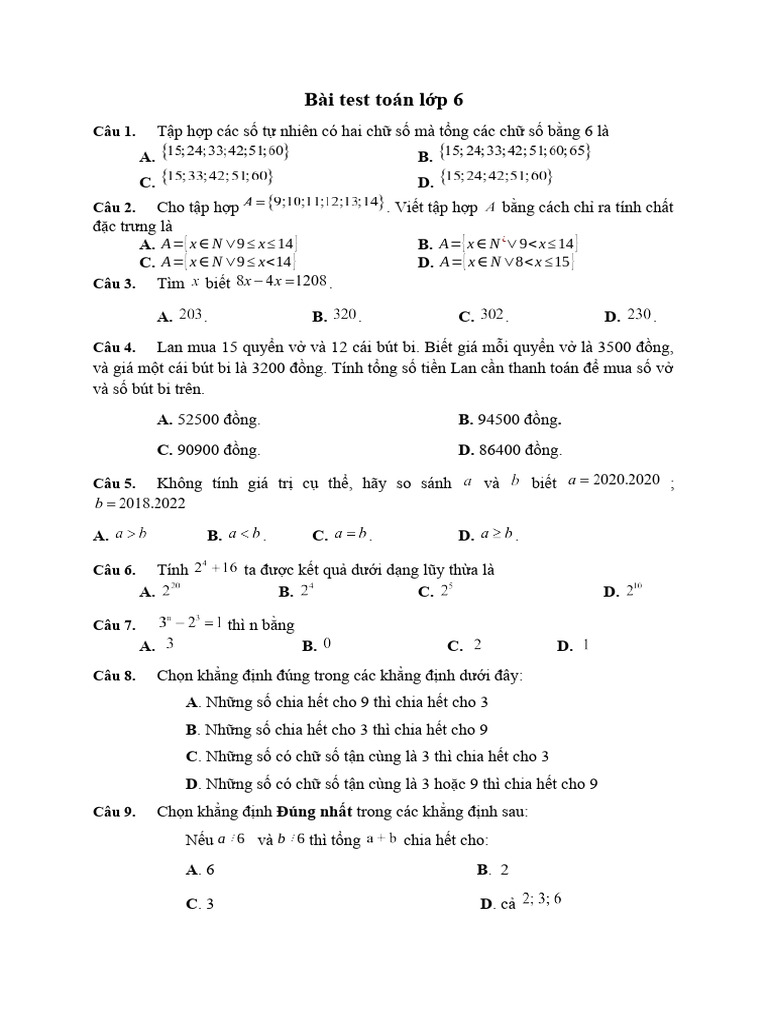 Bài Test Toán L P 6 | PDF