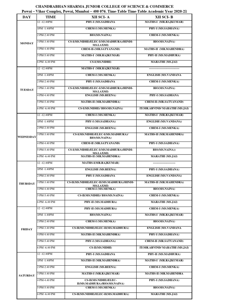 Science Time Table | PDF