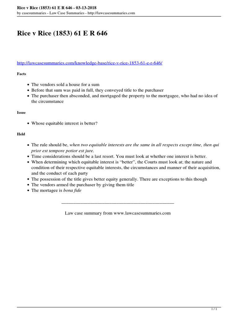 Rice v Rice (1853) Case Summary | PDF