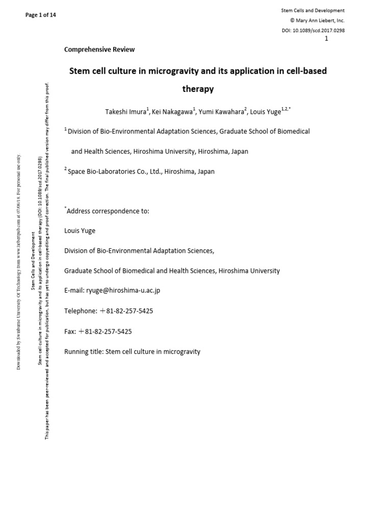 Stem Cell Culture in Microgravity and Its Application in Cell-Based ...