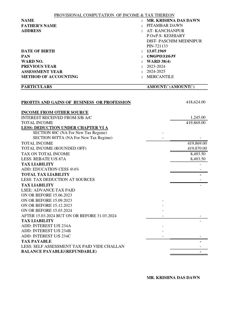 Provisional Income Tax Computation 2024 | PDF | Balance Sheet | Expense