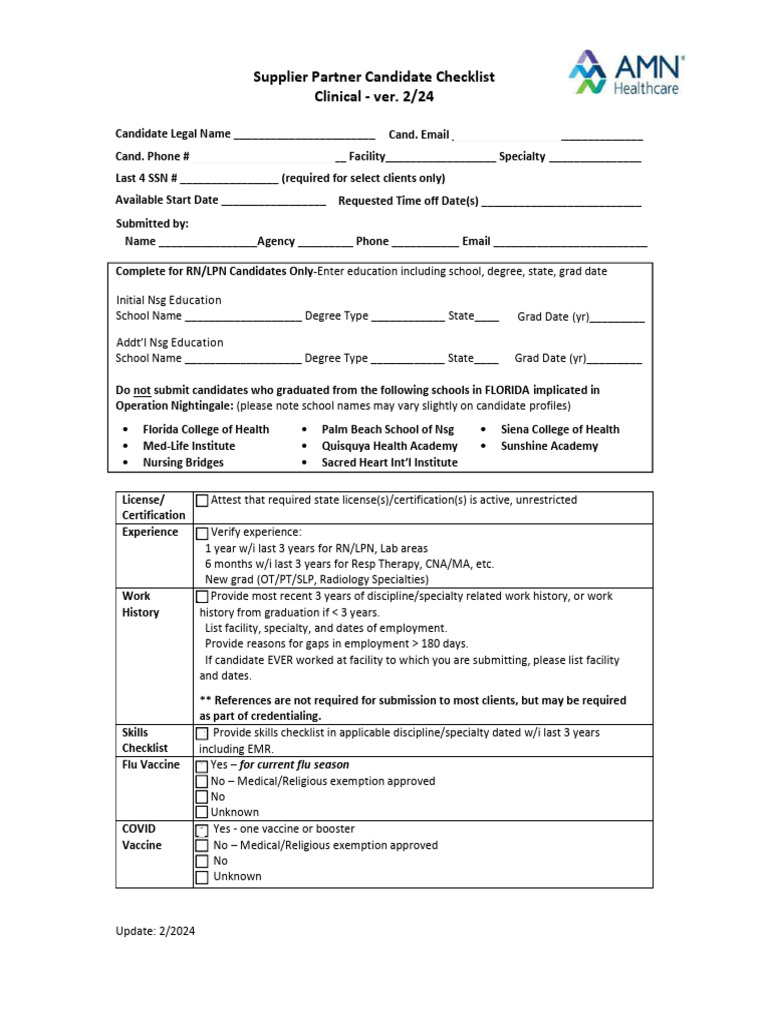 AMN Healthcare Candidate Submission Checklist | PDF | Public Services ...