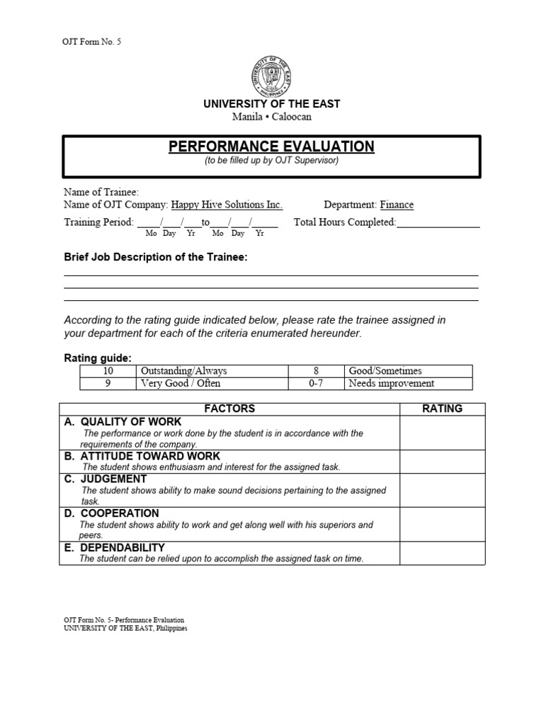 OJT Form 5 - Performance Evaluation | PDF | Performance Appraisal ...