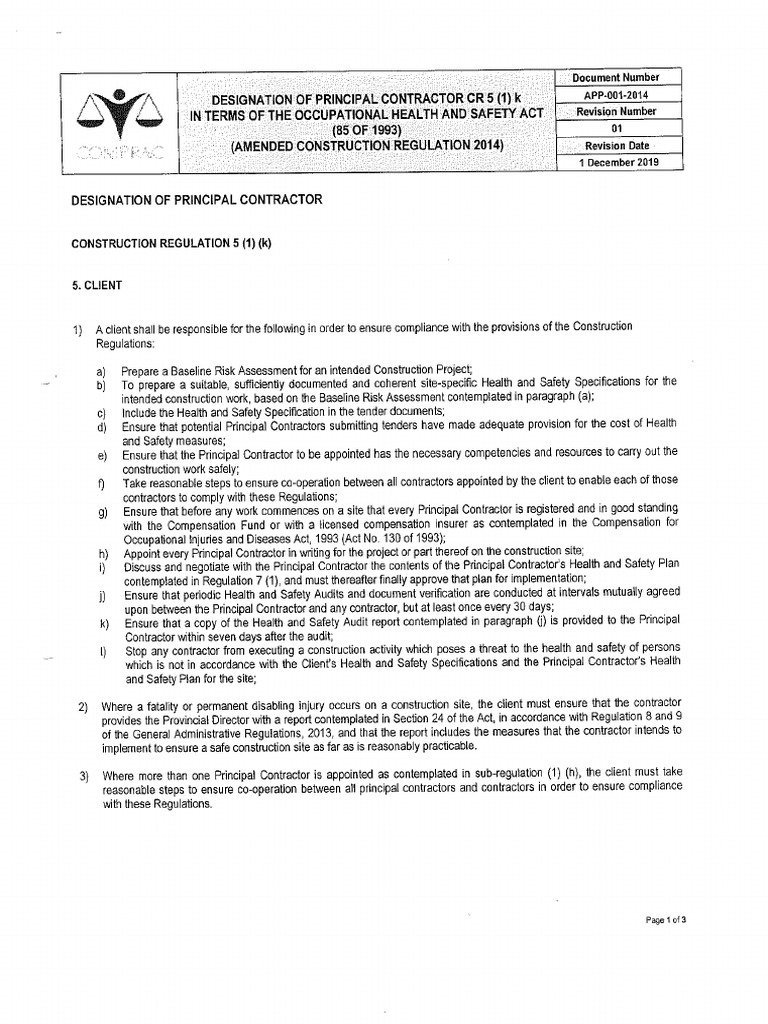 Principal Constractor appointment Construction Reg 5(1) (k) | PDF