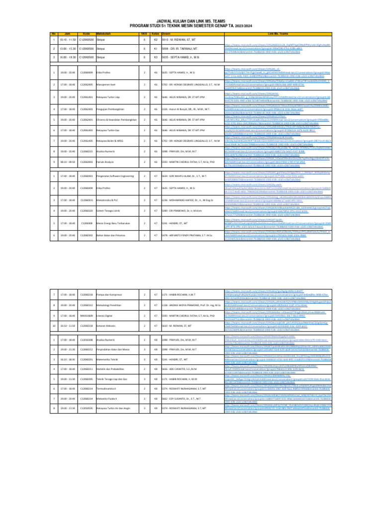 Jadwal Kuliah S1 Teknik Mesin 2023 | PDF