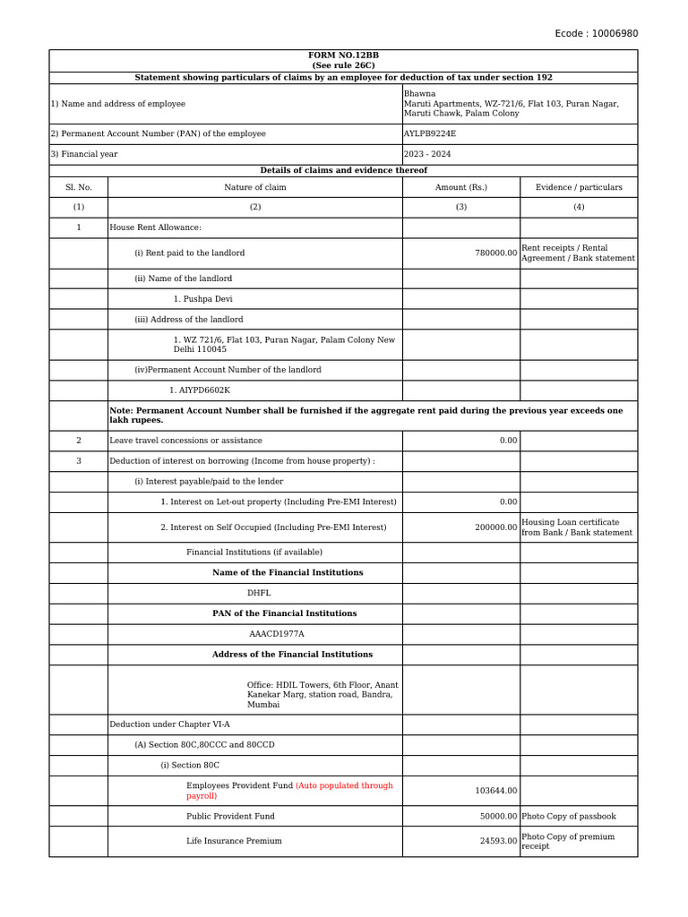 Epsf Form12bb 10006980 | PDF | Renting | Insurance