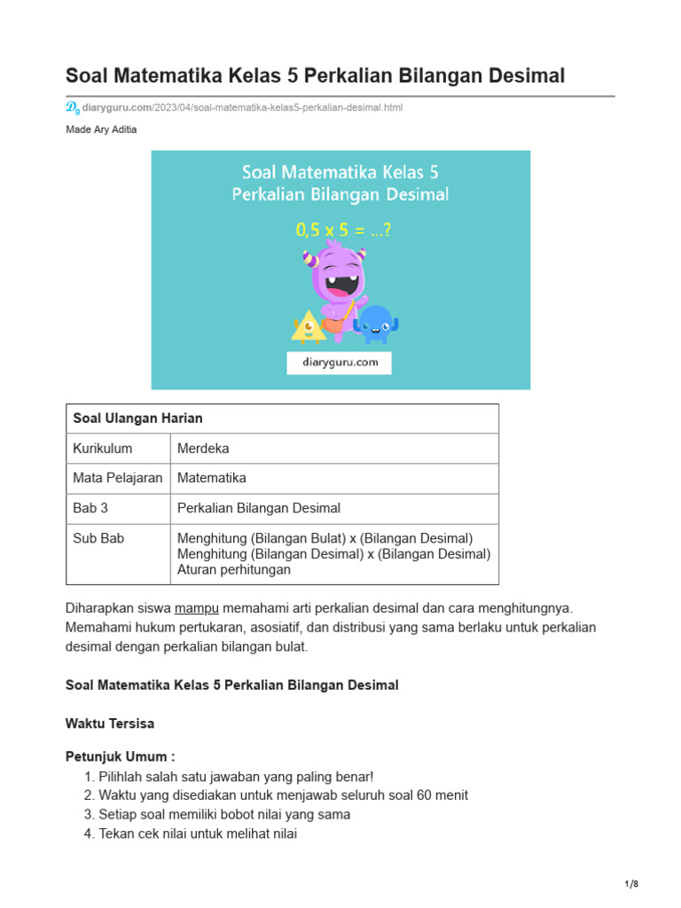 Soal Matematika Kelas 5 Perkalian Bilangan Desimal | PDF