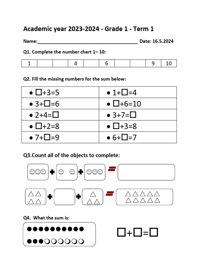 Grade 1 Math Worksheet Term 1 | PDF