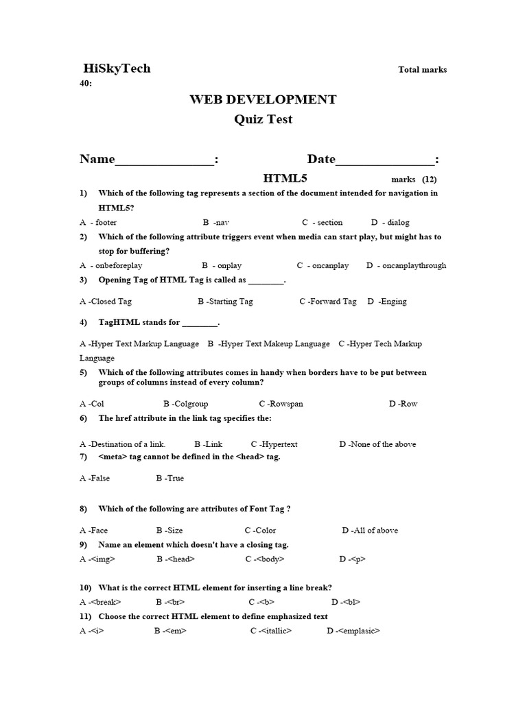 HTML5 and CSS Quiz Test Document | PDF | Html Element | Html