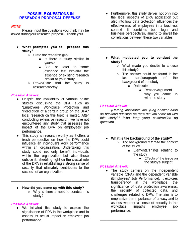 Possible questions in research proposal defense pdf employment