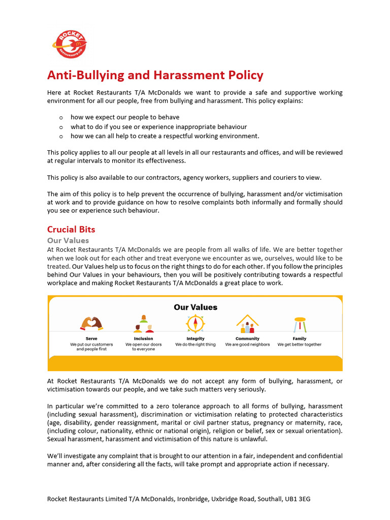 McDonald's Anti-Bullying Policy Overview | PDF | Sexual Harassment ...