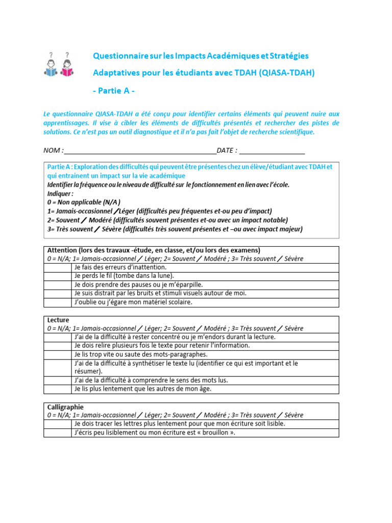 Questionnaire sur le TDAH et l'écriture | PDF | Trouble du déficit de l ...