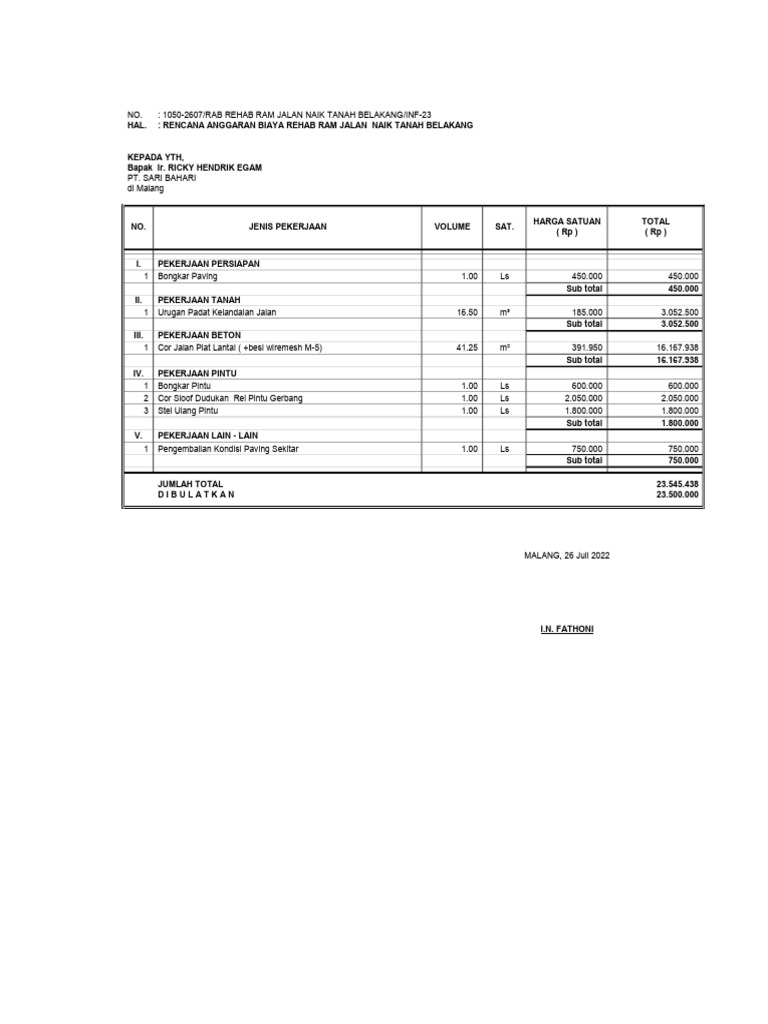RAB Rehab Jalan Naik Tanah Belakang | PDF