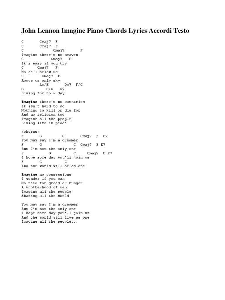 John Lennon Imagine Piano Chords Lyrics Accordi Testo | PDF