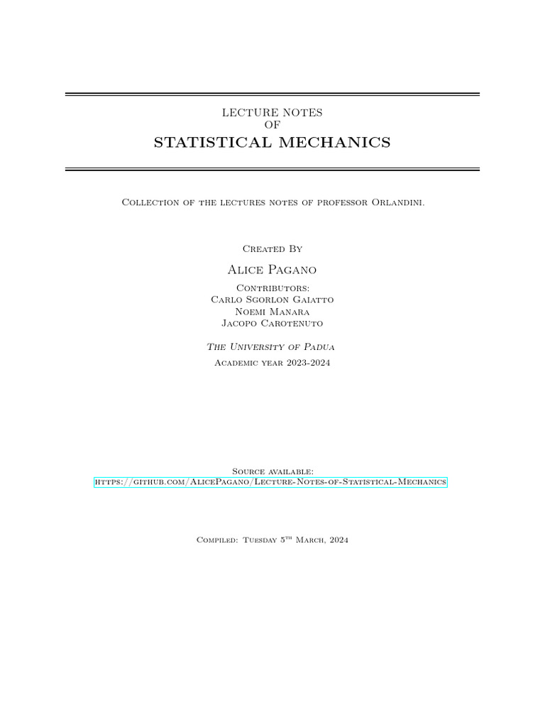 Lecture Notes of Statistical Mechanics | PDF | Thermodynamic ...