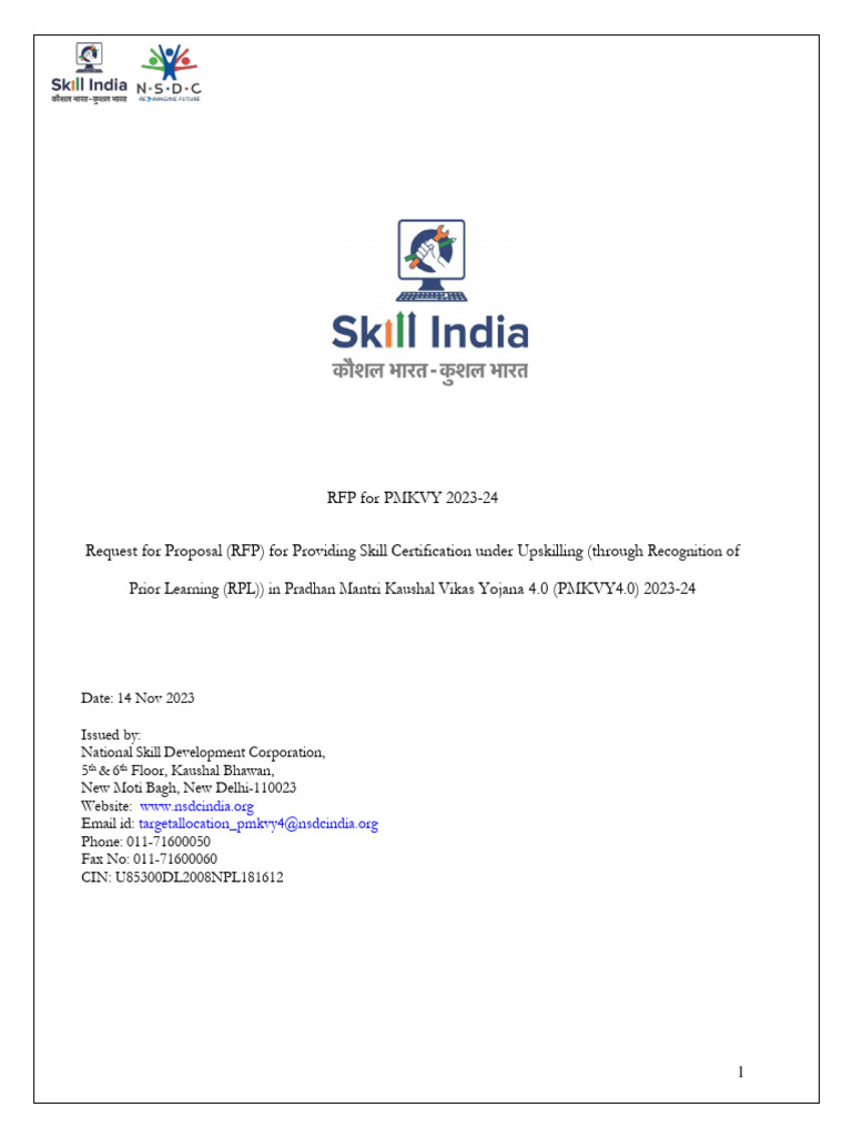 RFP For Upskilling (Through RPL) Under PMKVY4.0 (2023-24) | PDF ...