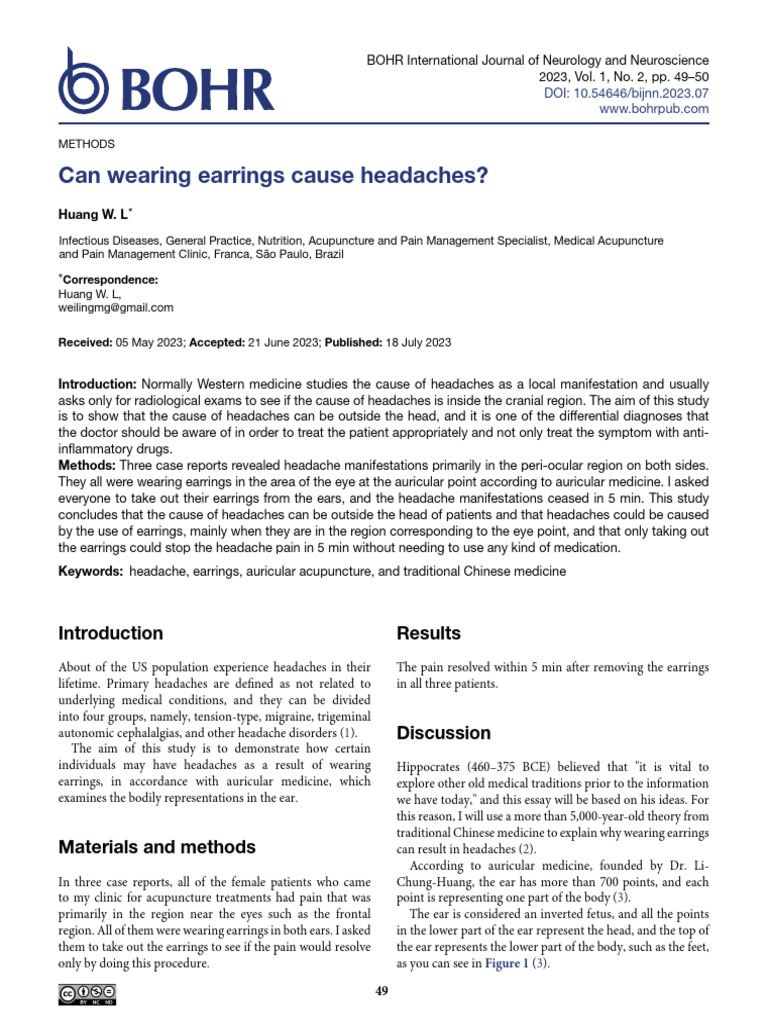 Can Wearing Earrings Cause Headaches? PDF Headache Pain