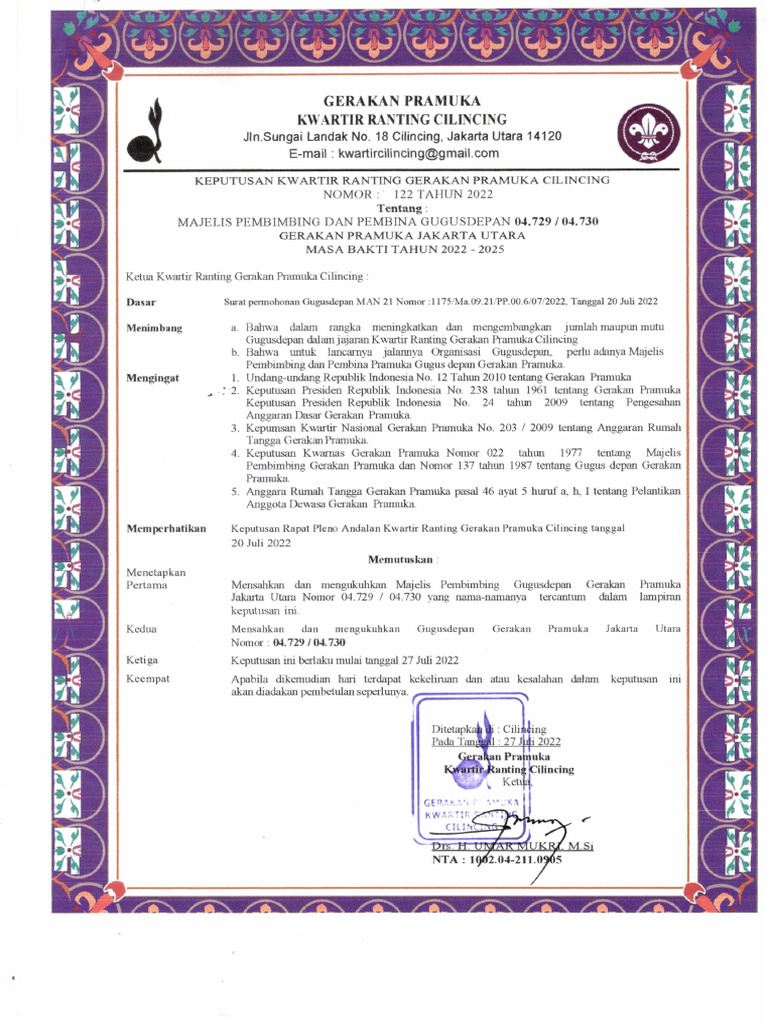 SK Gudep Man 21 Jakarta Utara Tahun 2022 - 2025 | PDF