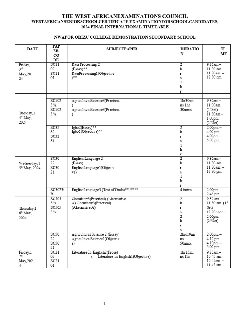 2024 WAEC Timetable for Schools | PDF