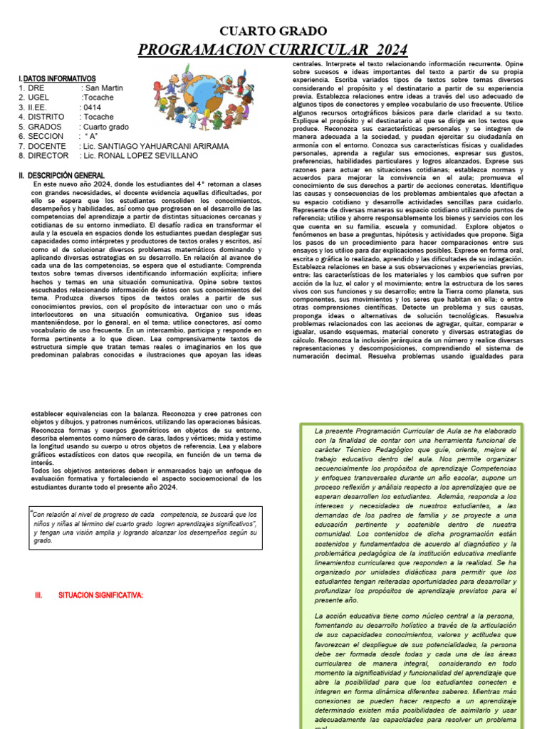Programación Curricular 2024 Cuarto Grado | PDF | Números | Geometría