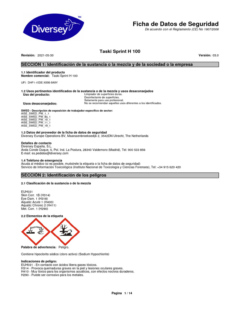 Taski Sprint H100 | PDF | Cloro | Solubilidad