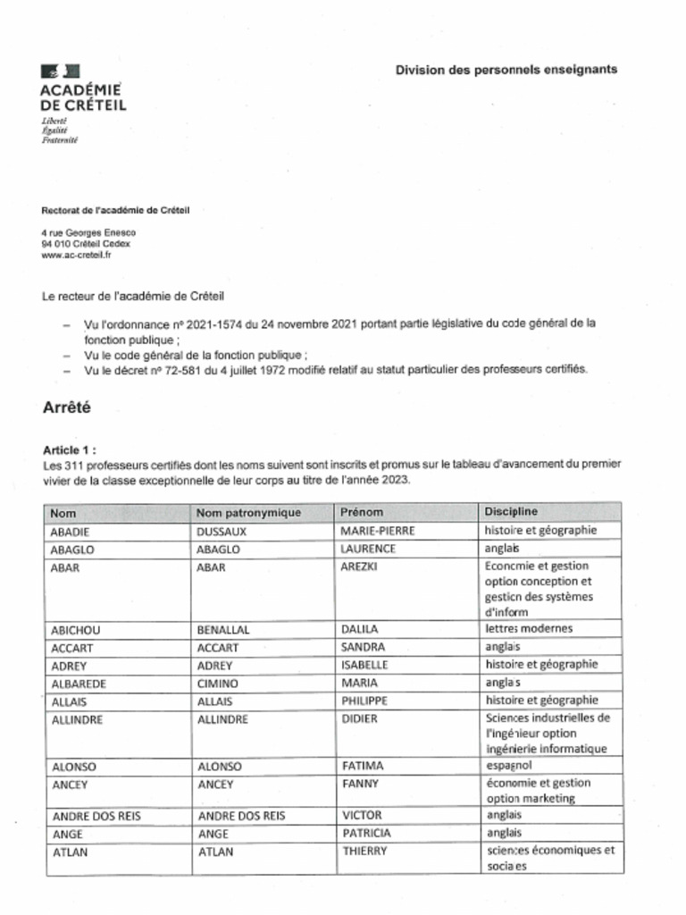 Tableau d Avancement La Classe Exceptionnelle Vivier 1 Et Vivier 2 Certifi s 2023 25015 PDF