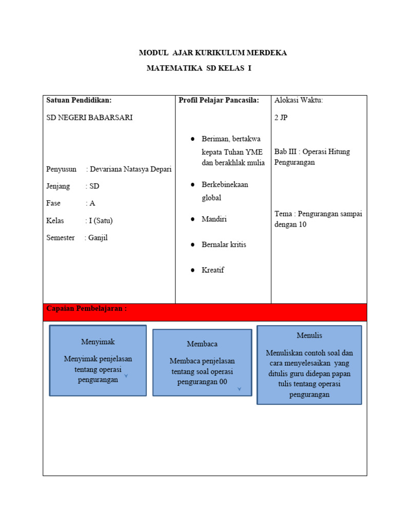 Modul Ajar Matematika SD Kelas 1 | PDF | Karier & Perkembangan