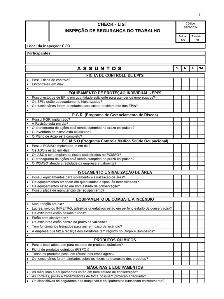 Checklist de Inspeção de Segurança no Trabalho | PDF | Embalagem e ...