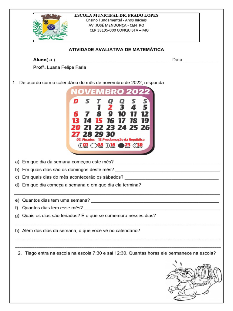 Atividade Avaliativa de Matemática 2º Ano | PDF | Carreira e ...