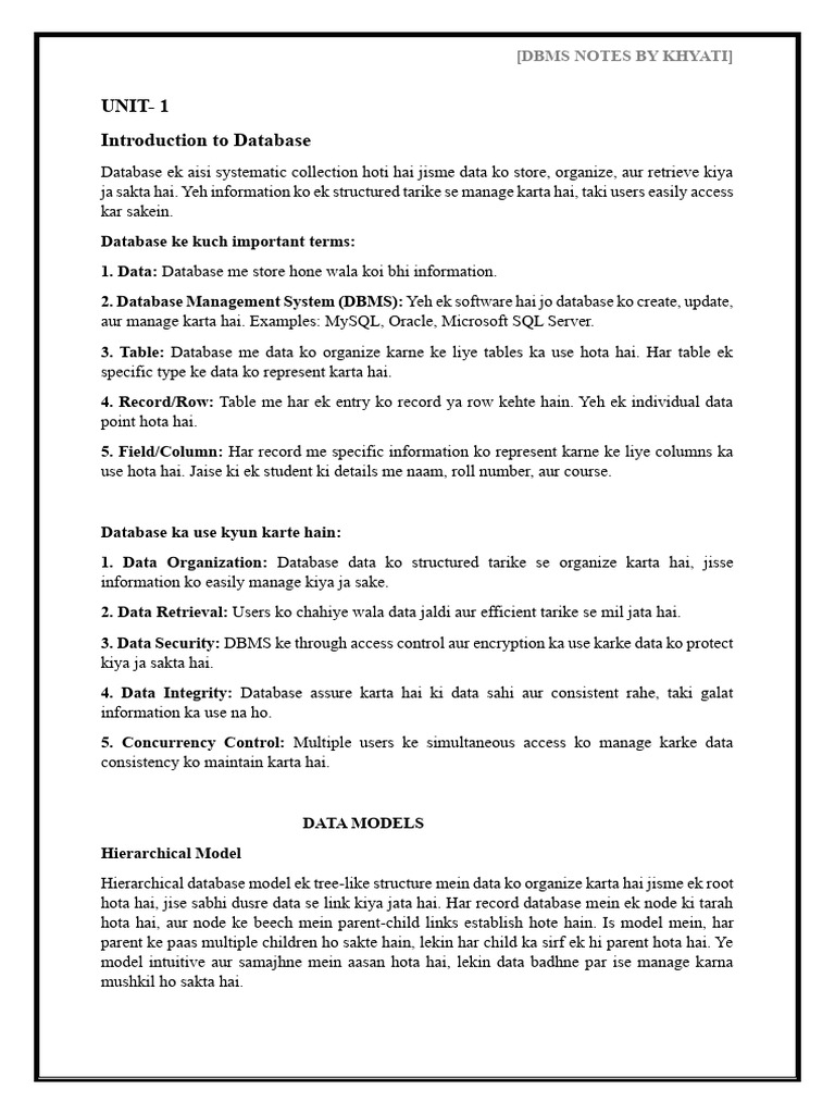 DBMS Notes by Khyati | Download Free PDF | Data Warehouse | Databases