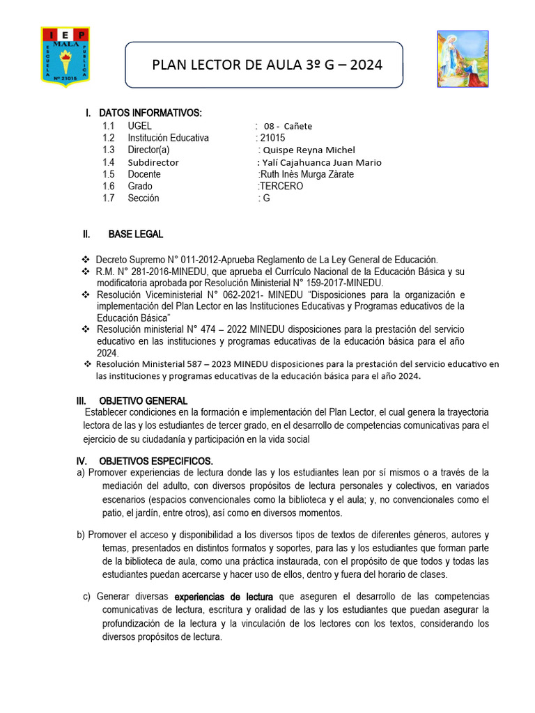 Plan Lector Aula 3º G 2024 Pdf Información Maestros