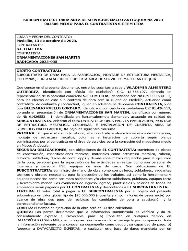 Subcontrato de Obra Maceo Antioquia 2023 | PDF | Pagos