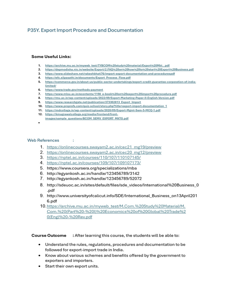 P35Y. Export Import Procedure and Documentation _ Study Material | PDF ...