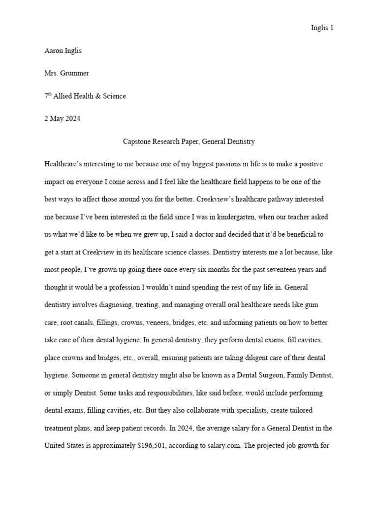 Capstone Research Paper Pdf Dental Degree Dentistry