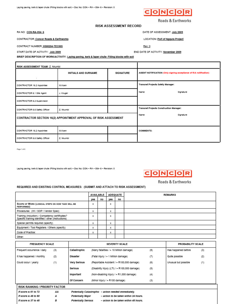 RISK ASSESSMENT Laying Paving, Kerb & Taper Chute (Filling Blocks With
