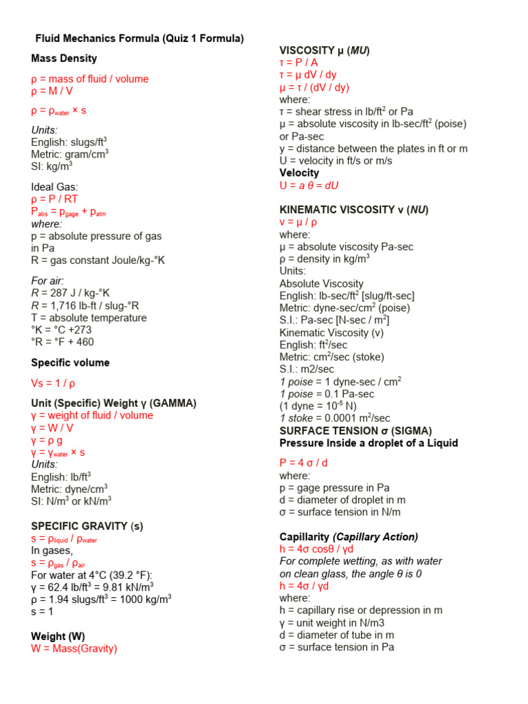 Fluid Mechanics Formulas and Concepts | PDF | Viscosity | Pressure