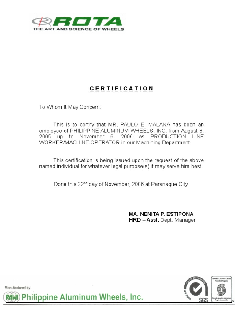 Philippine Aluminum Wheels Certificate of Employment