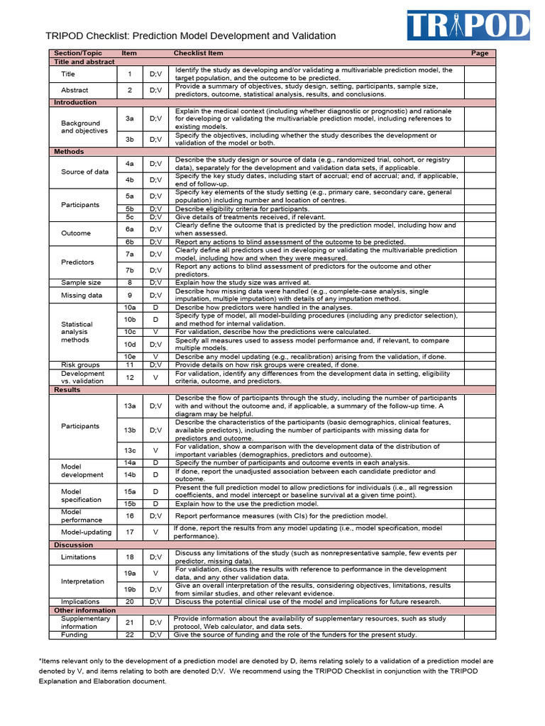 TRIPOD Checklist for Prediction Models | PDF | Prediction | Dependent ...