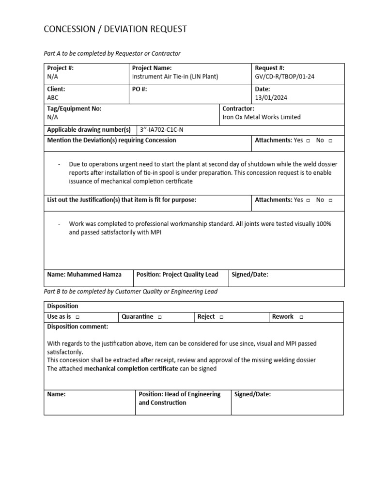 Concession Request for LIN Plant Tie-in | PDF | Business | Computers