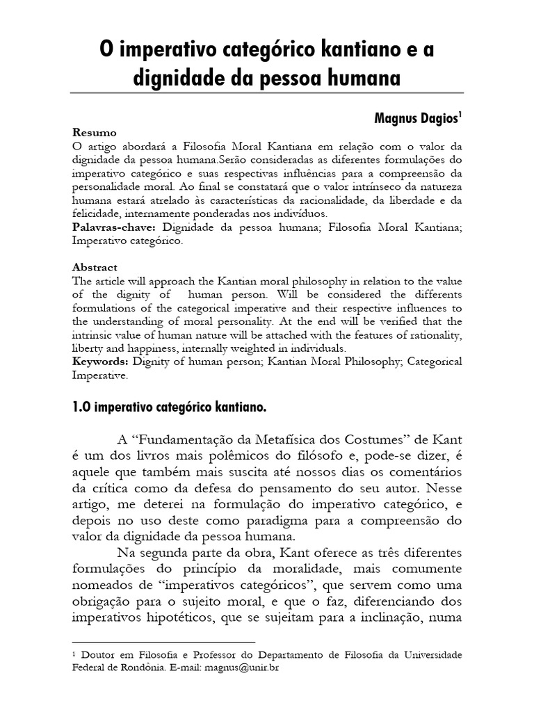 Imperativo Categórico e Dignidade Humana | PDF | Immanuel Kant | Moralidade