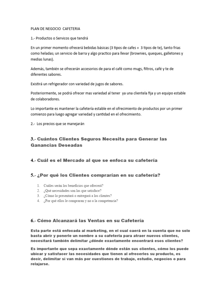 Plan de Negocio para Cafetería | PDF | café | Plan de negocios