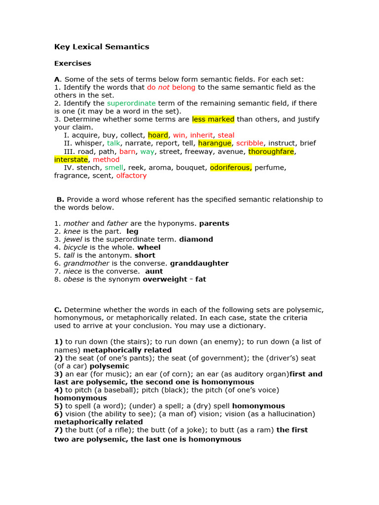 Lexical Semantics Exercises | PDF