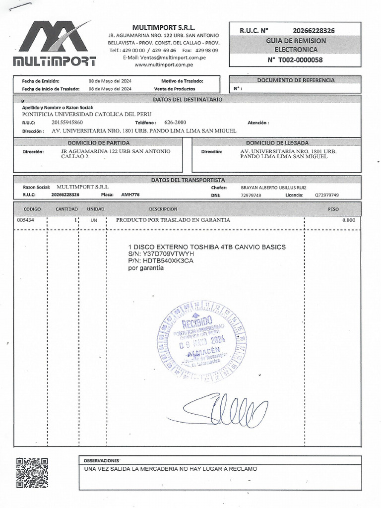 Guía de Remisión Electrónica N°T002-0000058 | PDF