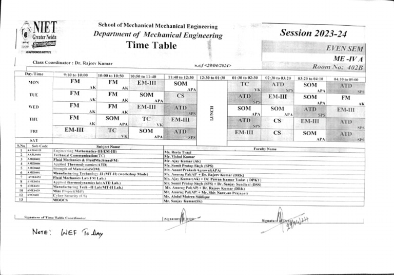 Mechanical Engineering Time Table 2023-24 | PDF | Engineering | Applied ...