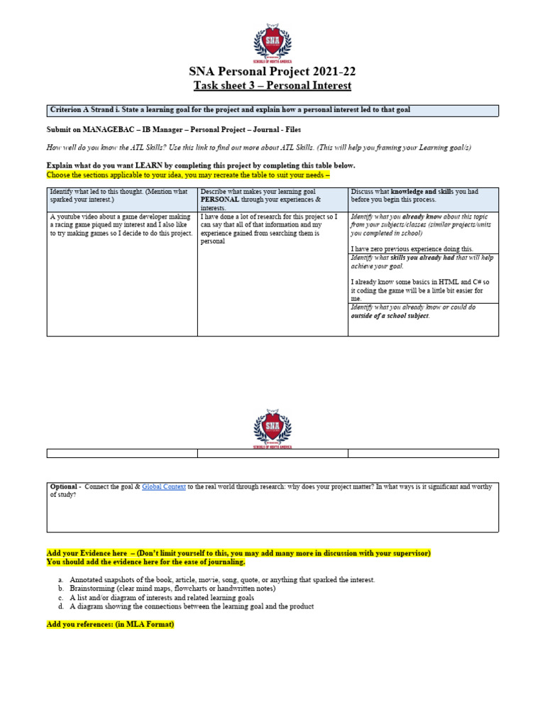 Personal Project Learning Goals Guide | PDF | Experience | Goal