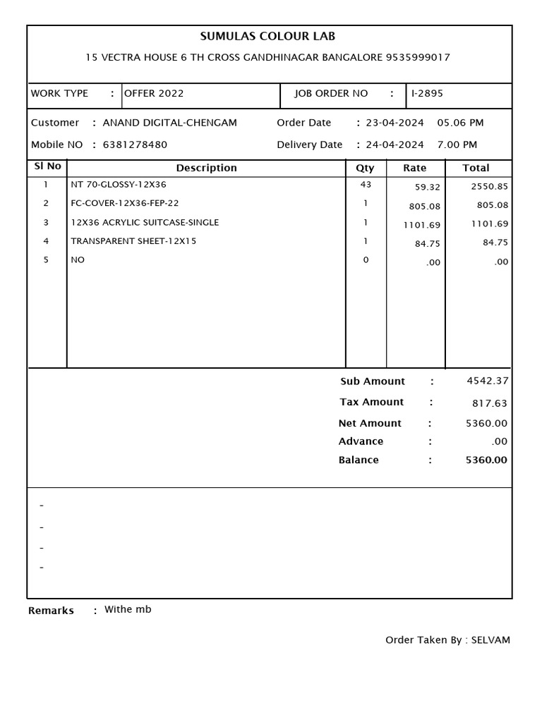 Job Order Summary for Sumulas Lab | PDF