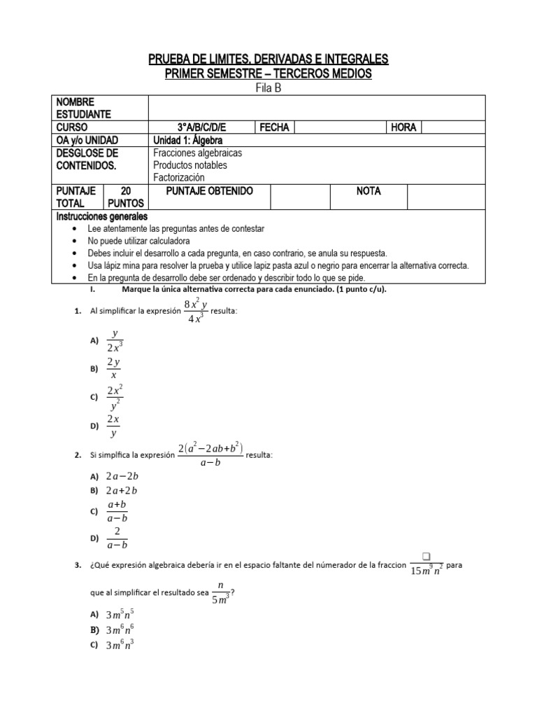 Prueba de Limites Forma BB | PDF | Notación Matemática | Matemáticas