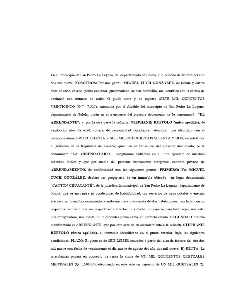 Contrato Arrendamiento San Pedro 2009 | PDF