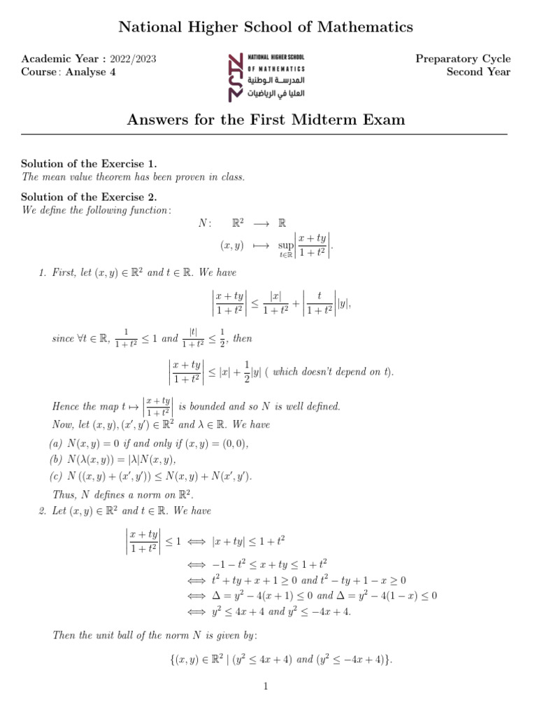 Midterm Exam Solutions: Analyse 4 | PDF | Mathematics | Mathematical ...